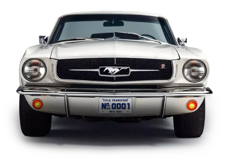 1965 Mustang with a TITLE TRANSFERS No. 0001 NEW TAGS plate